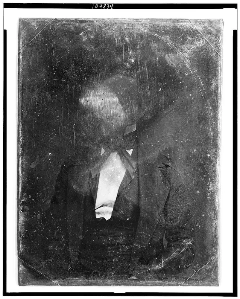 A daguerreotype whose face has been completely destroyed by abrasion, with nothing left to restore