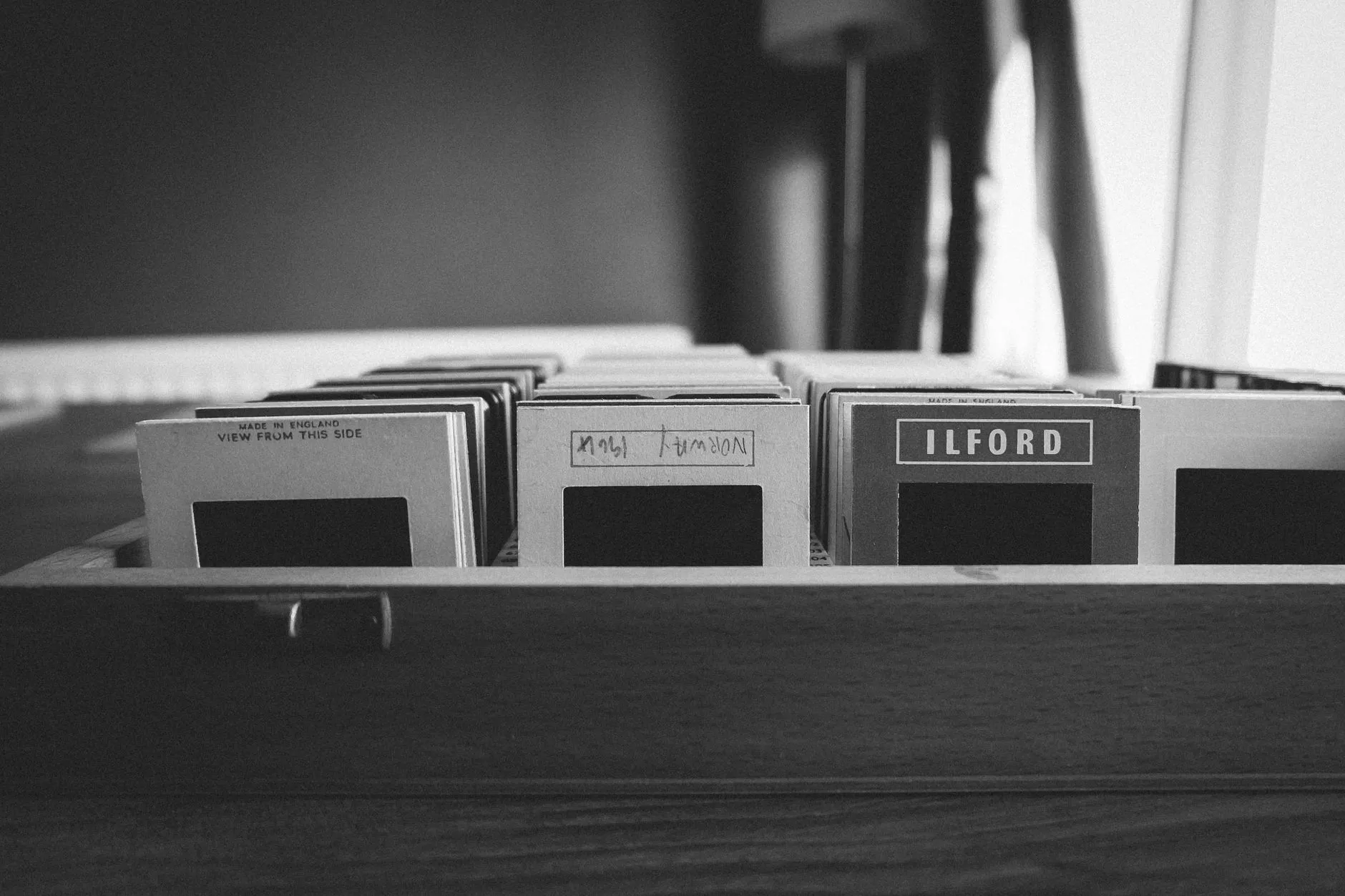 A drawer of vintage mounted 35mm slides from Ilford and other film stocks